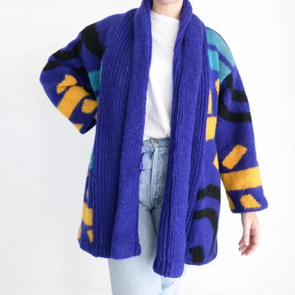 Vintage Handmade Purple Blue & Yellow  Knit with Liner Open Cardigan - Picture 1 of 12